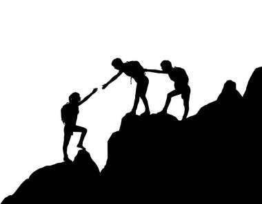 Silhouette of two climbers helping another climber overcome an obstacle in the mountains. Vector Silhouette. Business teamwork concept