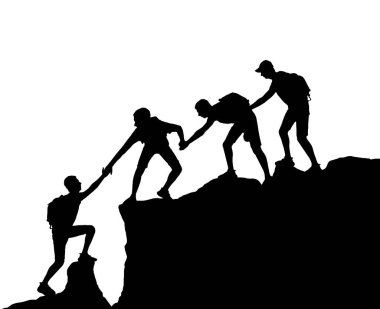 Male climbers help each other in the mountains. Vector Silhouette. Conceptual business scene of teamwork and mutual assistance