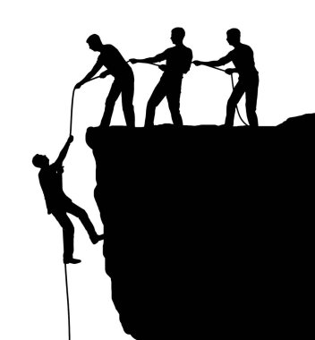 The silhouette of three climbers pulling a man out of the abyss. Teamwork of male climbers. Business teamwork concept