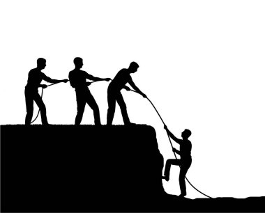 Three climbers help a friend up. Teamwork of male climbers. Business teamwork concept. Vector Silhouette