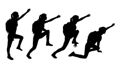 A group of women climbers with a raised hand go up. Business and sport concept. Vector Silhouette