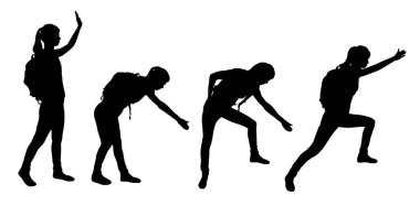 Women climbers help each other by lending a helping hand while climbing. Business and sport concept. Vector Silhouette