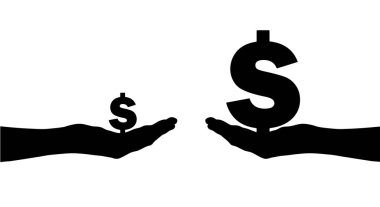 Silhouette of two hands, one holding a large sign Dolar having a large income, the other small. Conceptual scene inequality, social problems, rich and poor. Vector Silhouette