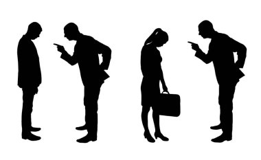 Boss silhouette yelling at employee man and woman set. Business concept of dismissal, reprimand and bullying. Vector Silhouette