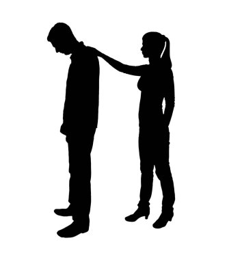 A silhouette of a woman morally supports a sad man. The concept of support and assistance. The concept of support and help for people experiencing stress, grief and depression. Vector Silhouette