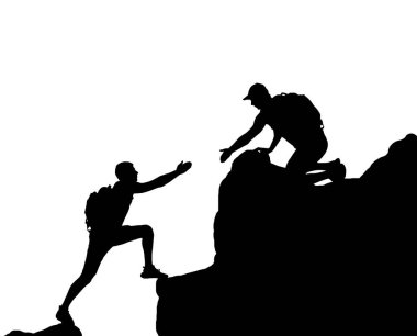Silhouette of a male climber working in a team with a partner, holding out his hand to help him climb. Business teamwork concept. Vector Silhouette