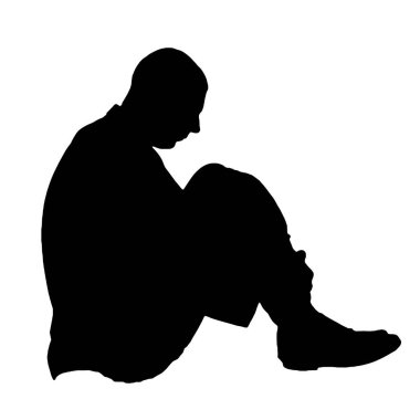 Lonely sad man sits on the floor with his legs tucked in, he experiences depression, stress and sadness. Concept of depression, stress and sadness. Vector Silhouette