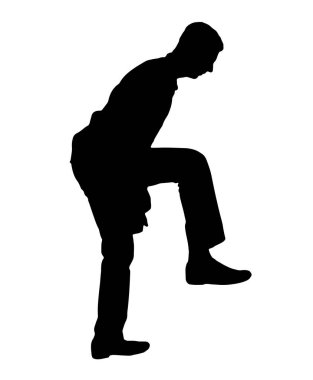 The silhouette of a man with a raised leg intends to crush and destroy something in its path. Conceptual image. Vector Silhouette