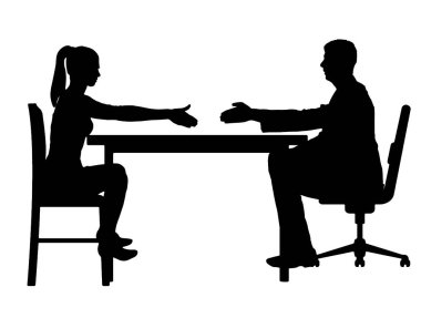 Silhouette of a man and a woman at the table are shaking hands. Interview and recruitment process concept. Business Concept. Vector Silhouette