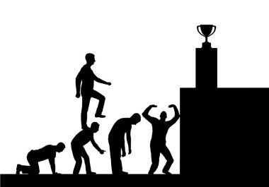 A selfish person walks over the heads of people, as if on steps to his goal. Conceptual Business scene of a narcissistic and selfish businessman. Vector Silhouette