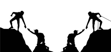 Silhouette of a male climber extending a helping hand to his partner to overcome an obstacle. Teamwork and Business Concept. Vector Silhouette