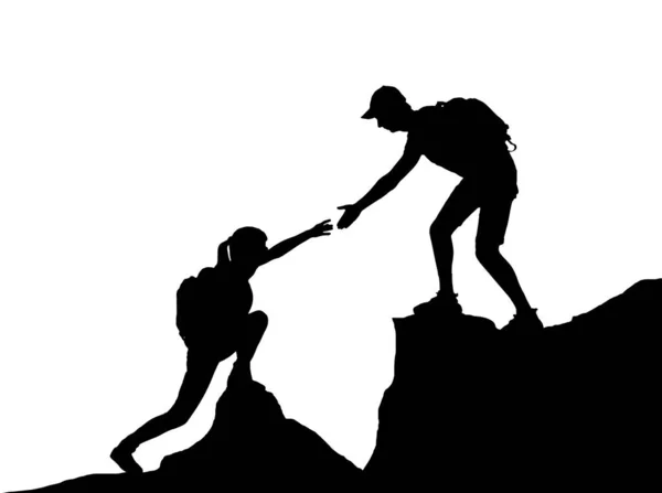 Silhouette Male Climber Giving Helping Hand Woman Vector Silhouette Business — Vetor de Stock