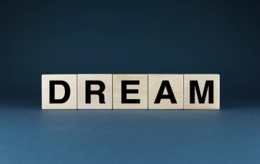 Hayallerin sınırsız potansiyelini sembolize eden minimalist bir görüntü. DREAM kelimesi ahşap bloklara yazılır, kişisel isteklerin temelini temsil eder..