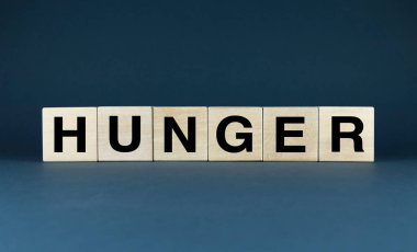 HUNGER kelimesinin ahşap bloklara yakın plan çizimi.