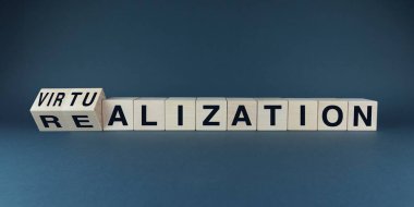 Sanallaştırma ve ahşap bloklara dizilmiş farkındalık kelimelerini içeren kavramsal bir görüntü. Görüntü, dijital ya da hayali bir durumdan somut, fiziksel bir gerçekliğe geçişi gösteriyor. Bu görsel metafor temsil etmek için mükemmeldir. 