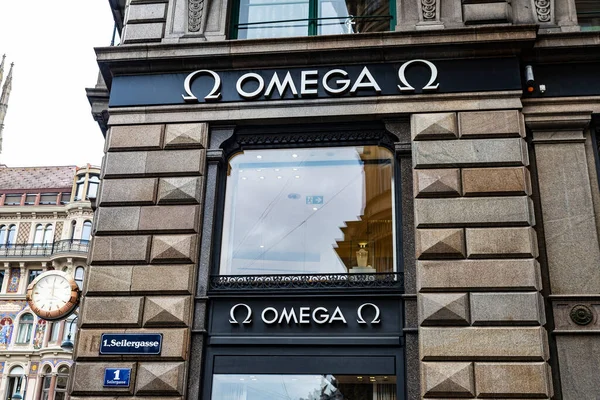 Vienna Austria October 2022 Omega Luxury Jewelry Watches Shopping Street — Stock Photo, Image