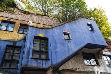 Vienna, Austria - October 16, 2022: Facade of the Hundertwasser house, an apartment house designed by the artist Friedensreich Hundertwasser in Landstrabe district, Vienna, Austria 