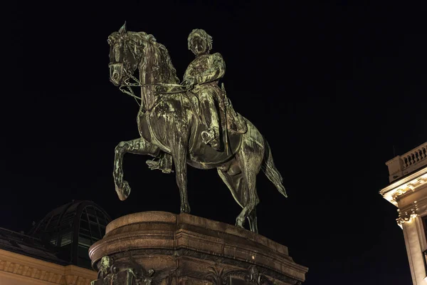 Statue of Archduke Albrecht at night outside the Albertina in Innere Stadt, Vienna, Austria