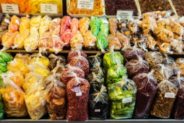 Display of a nuts and candied fruit shop in Naschmarkt, street food market in Vienna, Austria