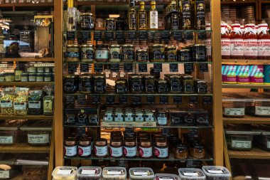 Vienna, Austria - October 14, 2022: Spice and flavor shop with sauce with truffle in Naschmarkt, street food market in Vienna, Austria