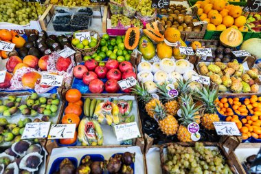 Vienna, Austria - October 14, 2022: Fruit and vegetable shop in Naschmarkt, street food market in Vienna, Austria