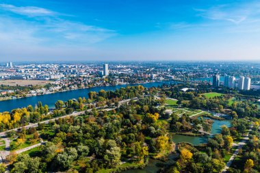 High view of the city of Vienna next to the danube river in Vienna, Austria