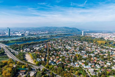 High view of Bruckhaufen district, the Millennium Tower, office modern building next to the danube river in Vienna, Austria
