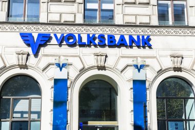 Vienna, Austria - October 18, 2022: Facade and logo of the Volksbank Bank in Innere Stadt, Vienna, Austria