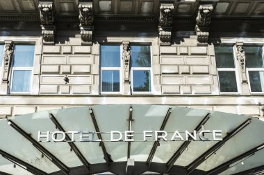 Vienna, Austria - October 18, 2022: Facade of the Hotel de France, a classic building in Innere Stadt, Vienna, Austria
