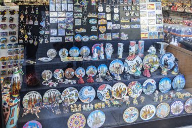 Barcelona, Spain - November 30, 2023: Display of a souvenir shop in a shopping street of Barcelona, Catalonia, Spain