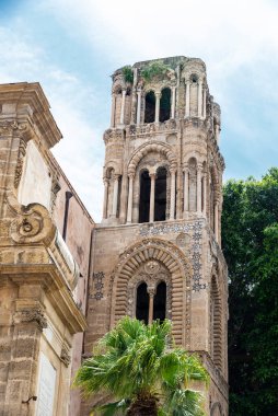 Romanesque bell tower of the Church of St. Mary of the Admiral or Santa Maria dell Ammiraglio, also called Martorana in the old town of Palermo, Sicily, Italy clipart