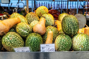 Bolhao Market 'teki meyve ve sebze dükkanında bir yığın kavun ve Abobora tereyağı, kabak veya balkabağı, Porto veya Portekiz' deki sokak yiyecekleri pazarı,