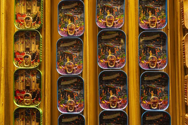 stock image Oporto, Portugal - November 24, 2023: Rows of cans in the store of the Fantastic World Of Portuguese Can in Vila Nova de Gaia, Porto or Oporto, Portugal