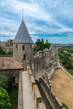 Cite de Carcassonne, Occitania, Fransa 'nın ortaçağ kalesinin manzarası