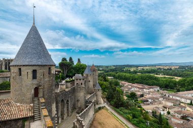 Cite de Carcassonne, Occitania, Fransa 'nın ortaçağ kalesinin manzarası