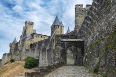 Occitania, Fransa merkezli Cite de Carcassonne ortaçağ kalesinin manzarası