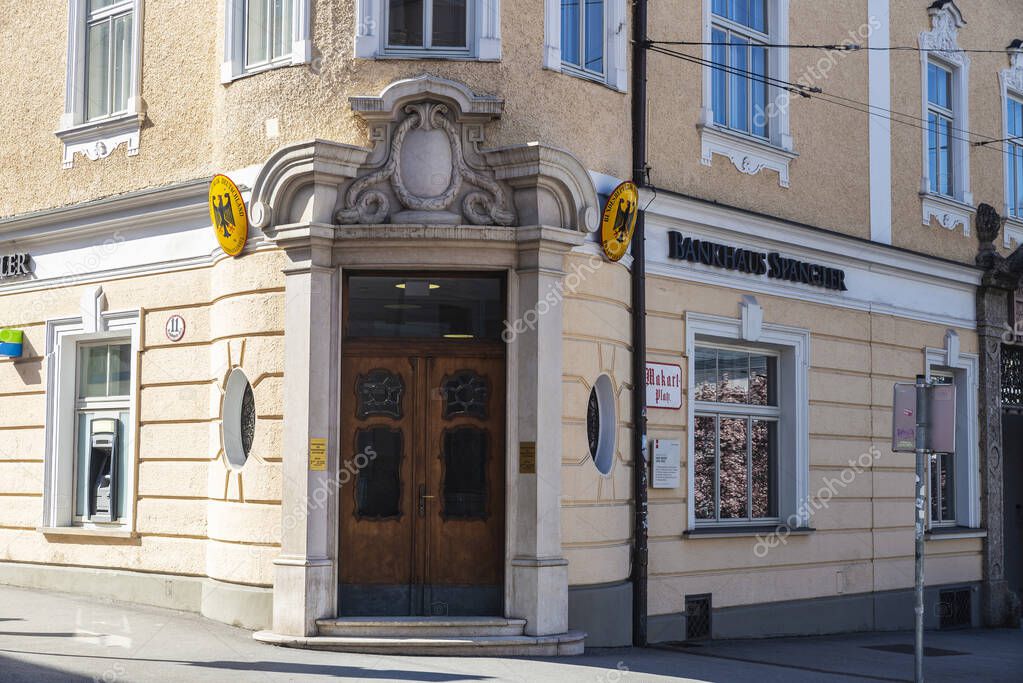 Salzburg, Austria - April 2, 2025: Bankhaus Spangler bank office in the old town of Salzburg, Austria