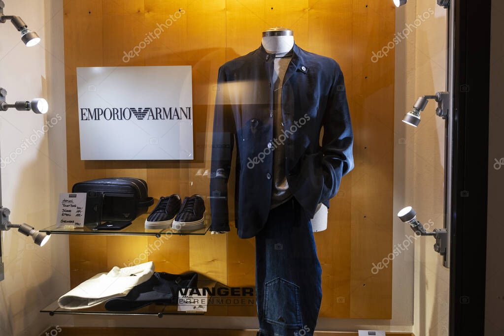 Salzburg, Austria - April 2, 2025: Display of Emporio Armani, luxury clothing store in a shopping street in Salzburg, Austria