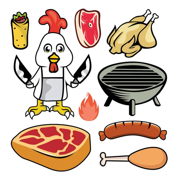 Ensemble Icônes Alimentaires Avec Poulet Viande Légumes Steak Kebab — Image vectorielle