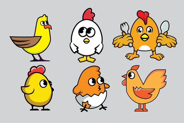 Pollos Gallinas Estilo Dibujos Animados Ilustración Vectorial — Vector de stock