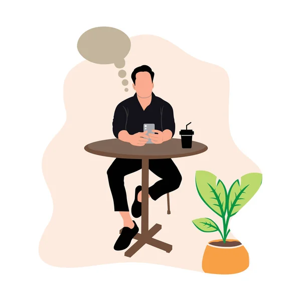 Mann Sitzt Tisch Und Benutzt Smartphone Vektorillustration Flachen Stil — Stockvektor
