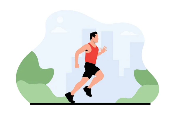跑步男子慢跑在城市公园平面矢量插图 健康的生活方式 — 图库矢量图片