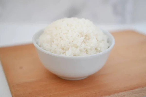 Cooked Rice White Bowl Wooden Board Selective Focus — Stock Photo, Image