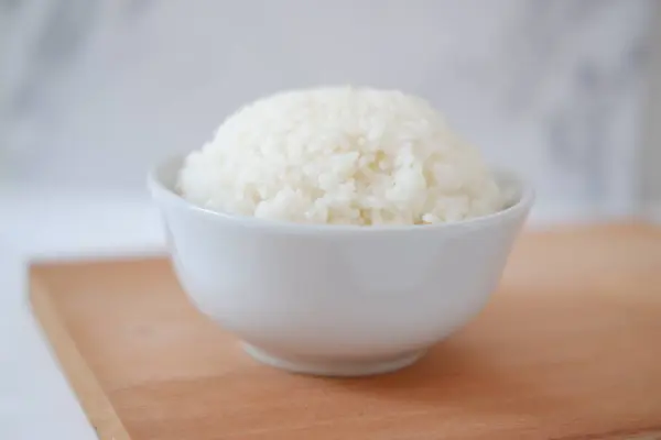 Cooked Rice White Bowl Wooden Board Selective Focus — Stock Photo, Image