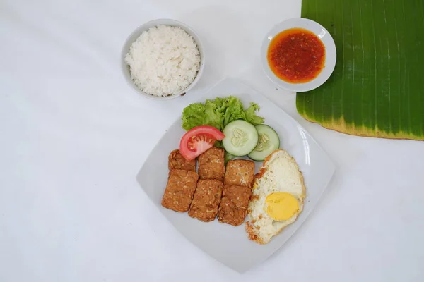 Fried Tempeh Cutlet Rice Fried Egg White Plate — Stock Photo, Image