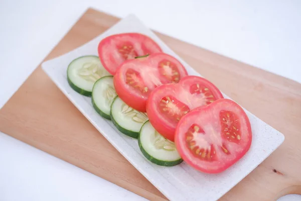 Cucumber Tomato Slices Plate White Background — Stock Photo, Image
