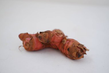 Beyaz arkaplan kesiminde taze zencefil kökü veya rizom izole edildi