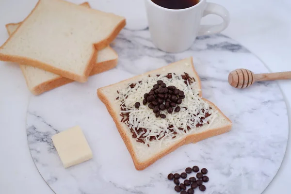 Breakfast Coffee Toast White Marble Table Stock Photo — Stock Photo, Image