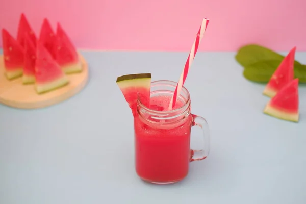 Watermelon Smoothie Glass Jar Straws Background — Stock Photo, Image