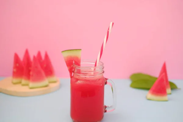 Watermelon Smoothie Glass Jar Straws Background — Stock Photo, Image